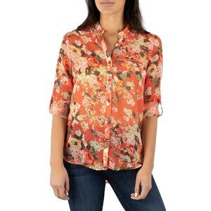 KUT FROM THE CLOTH Women Jasmine Top Size XS Orange Sheer Casual Floral 68-9